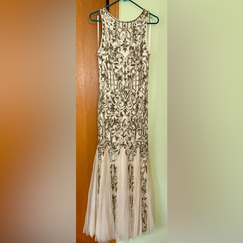 Camille La Vie gown, blush/nude with gold/bronze beading/sequin details, Size 6